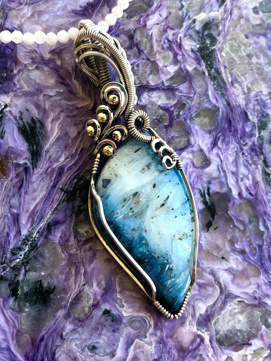 Blue Ice Glacierite Pendant Wire Wrapped with Love by Joseph