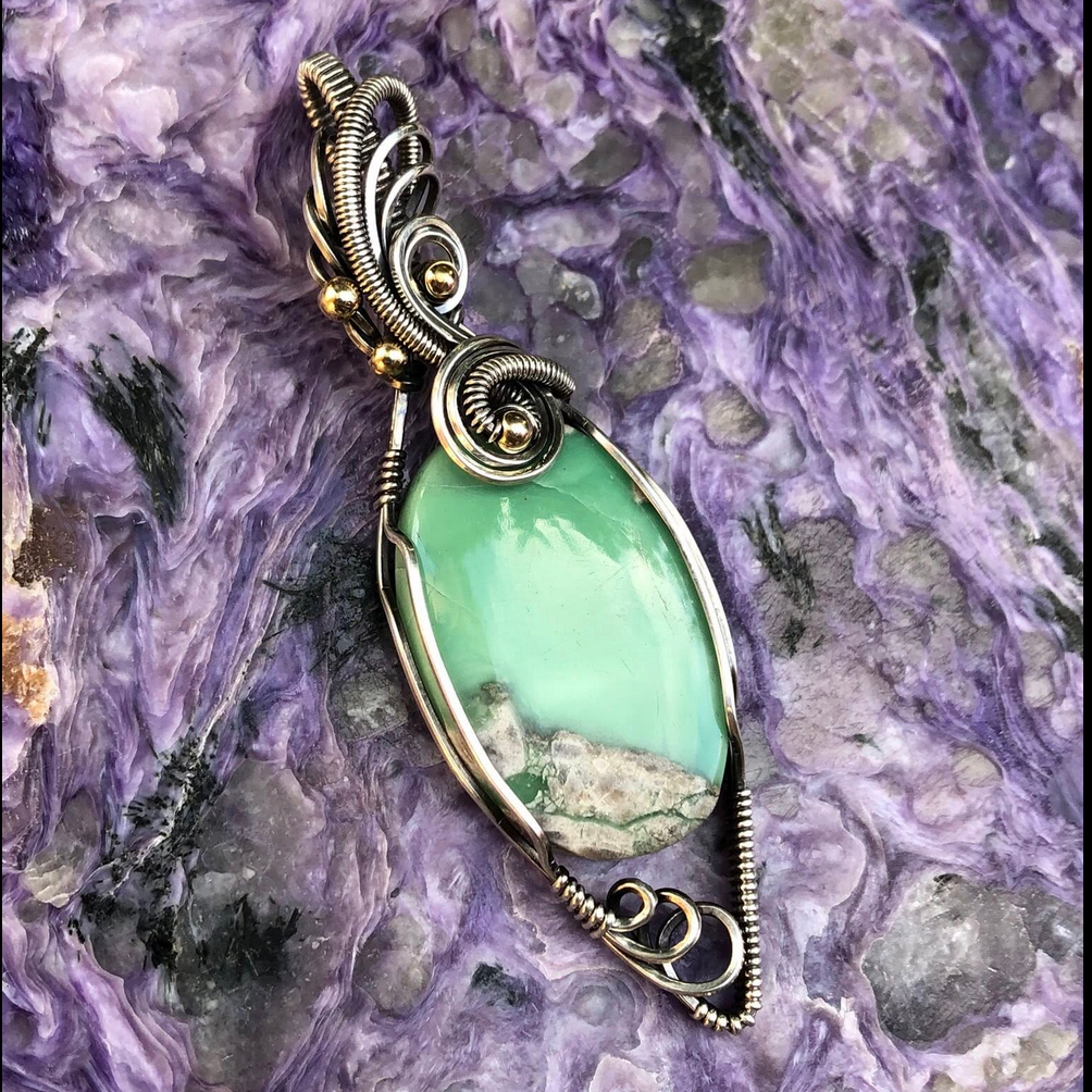 Variscite Wire Wrapped with Sterling Silver Pendant with chain