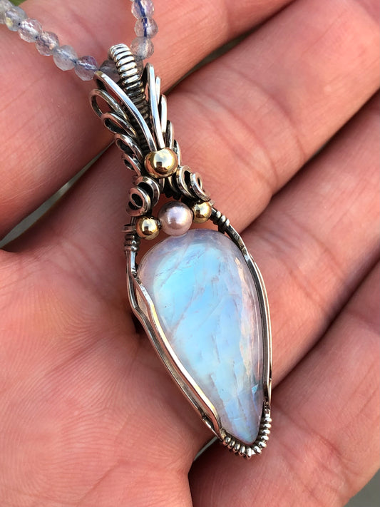 Rainbow Moonstone with Pink Pearl Sterling Silver Wire Wrapped Pendant