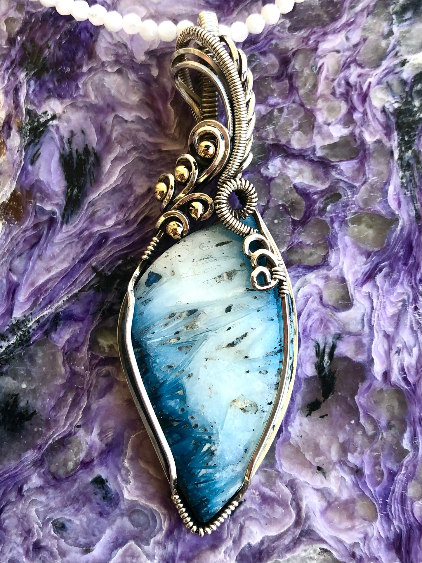 Blue Ice Glacierite Pendant Wire Wrapped with Love by Joseph