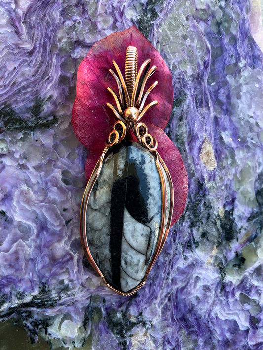 Orthocera Fossil Handmade Wire Wrapped Copper Pendant