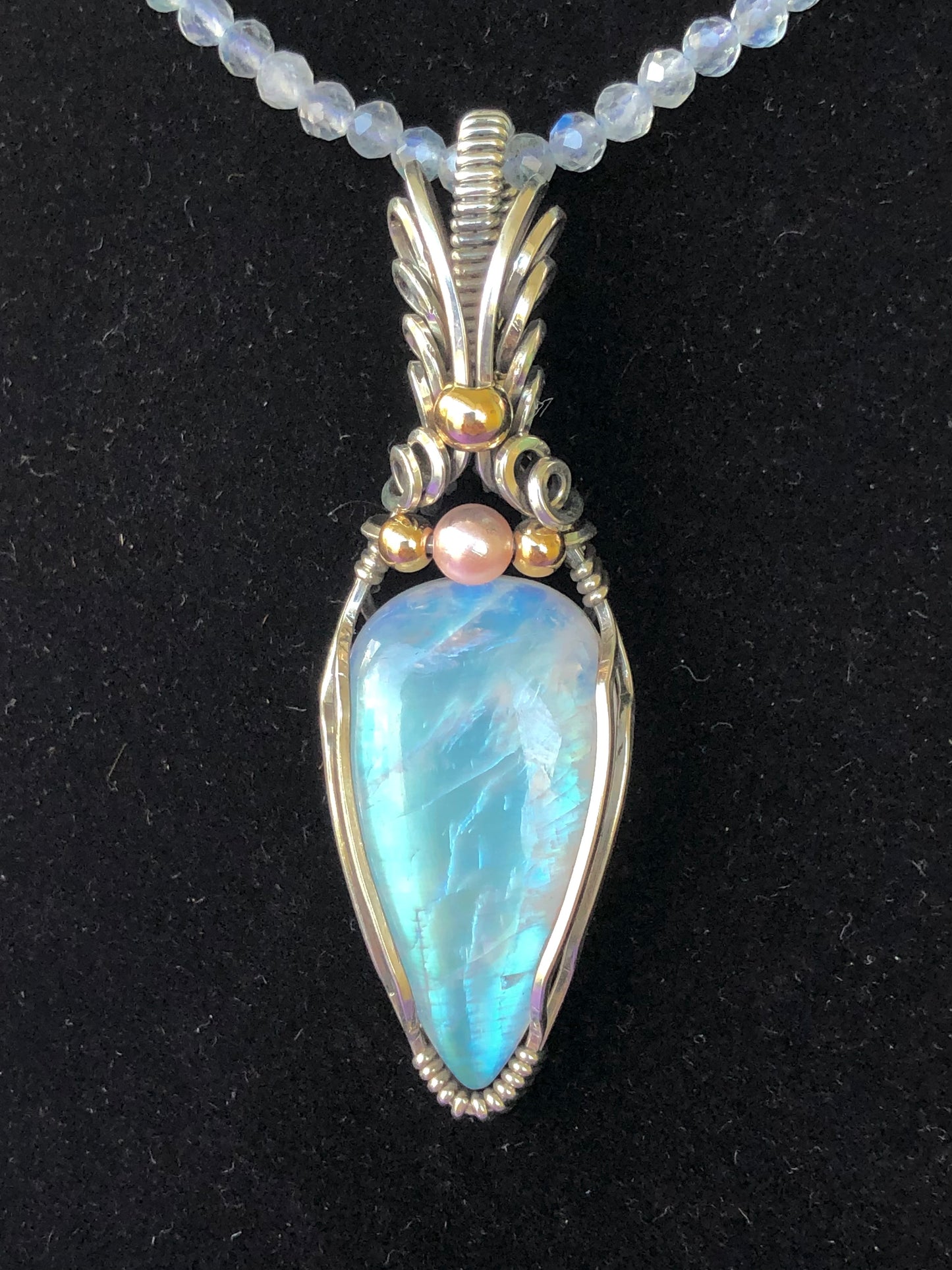 Rainbow Moonstone with Pink Pearl Sterling Silver Wire Wrapped Pendant