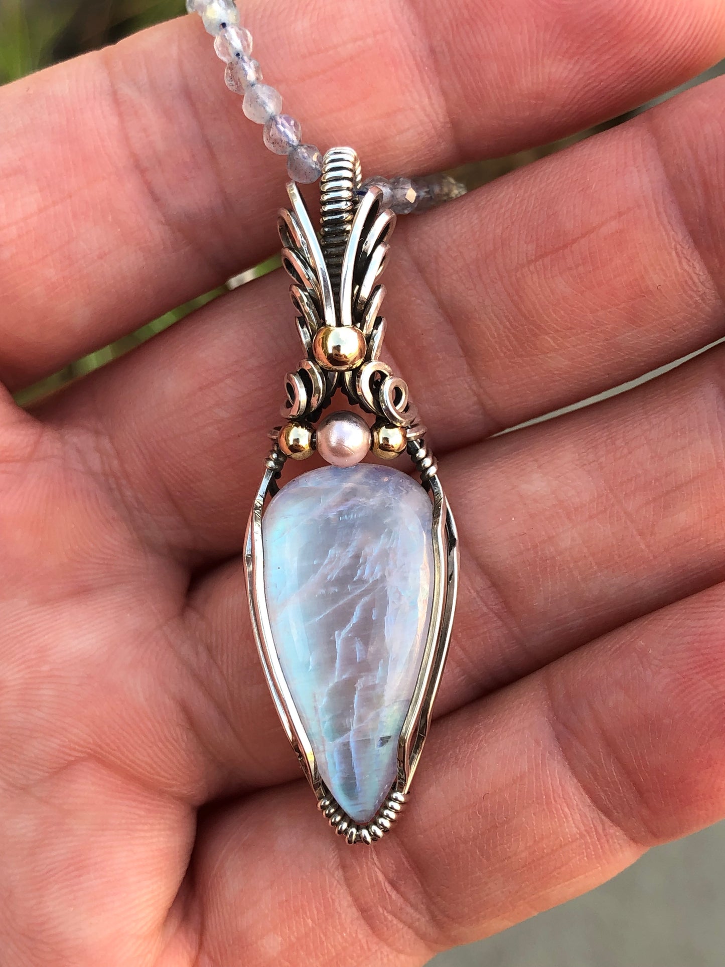 Rainbow Moonstone with Pink Pearl Sterling Silver Wire Wrapped Pendant