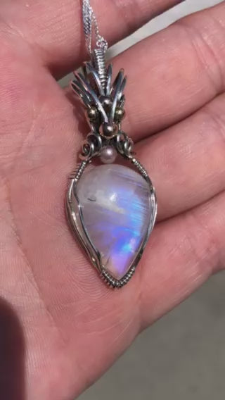 Rainbow Moonstone with Lustrous Pink Pearl Sterling Silver Wire Wrapped Pendant
